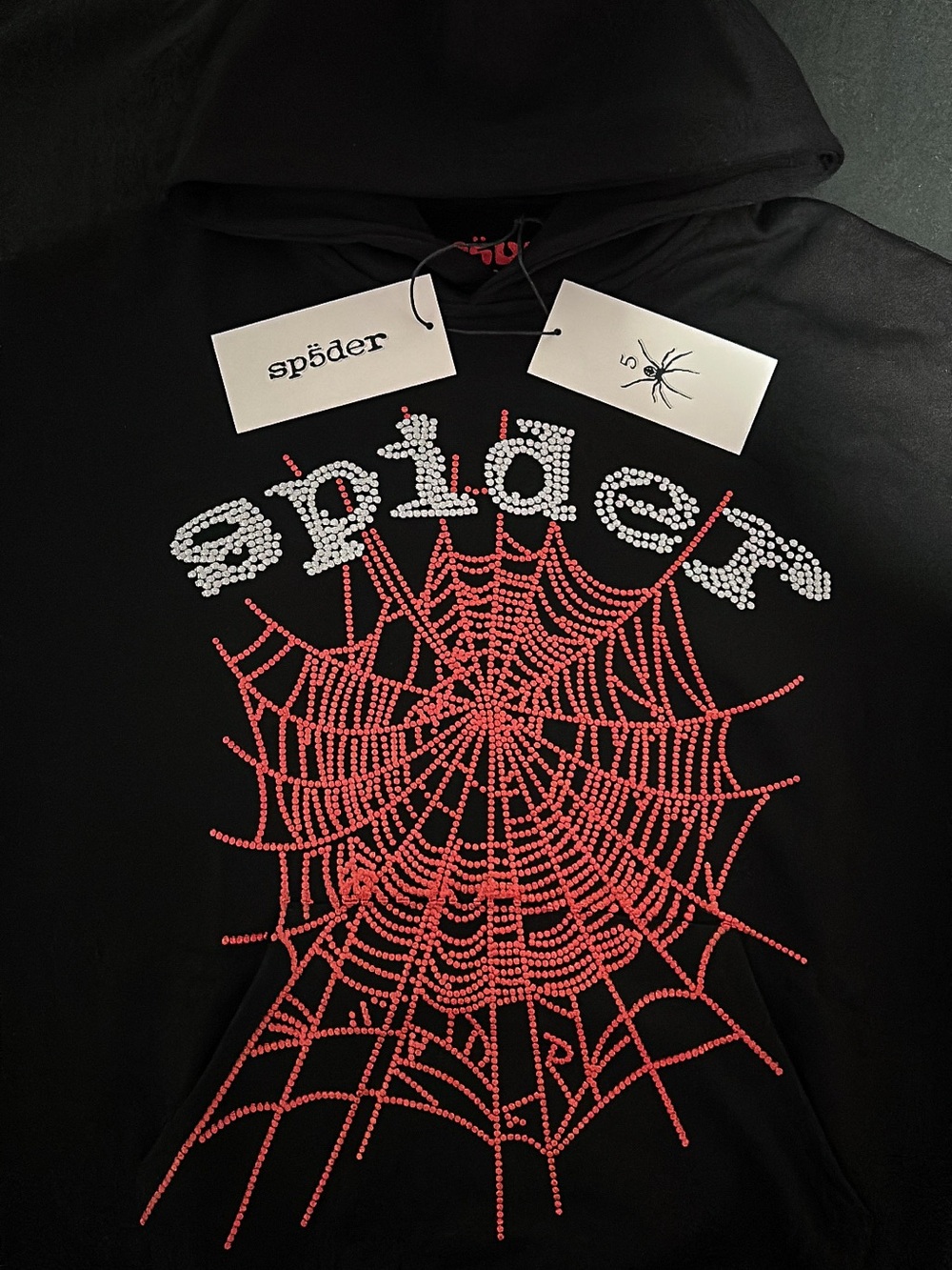 Sp5der Black & Red Rhinestone Web Hoodie - Size Small Mens